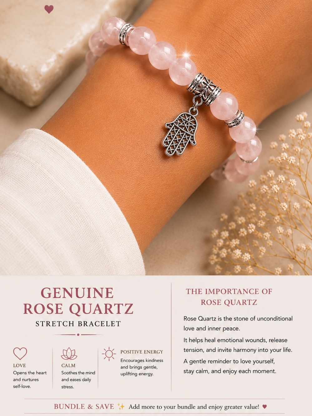 Rose Quartz Beaded Stretch Bracelet with Hamsa Charm